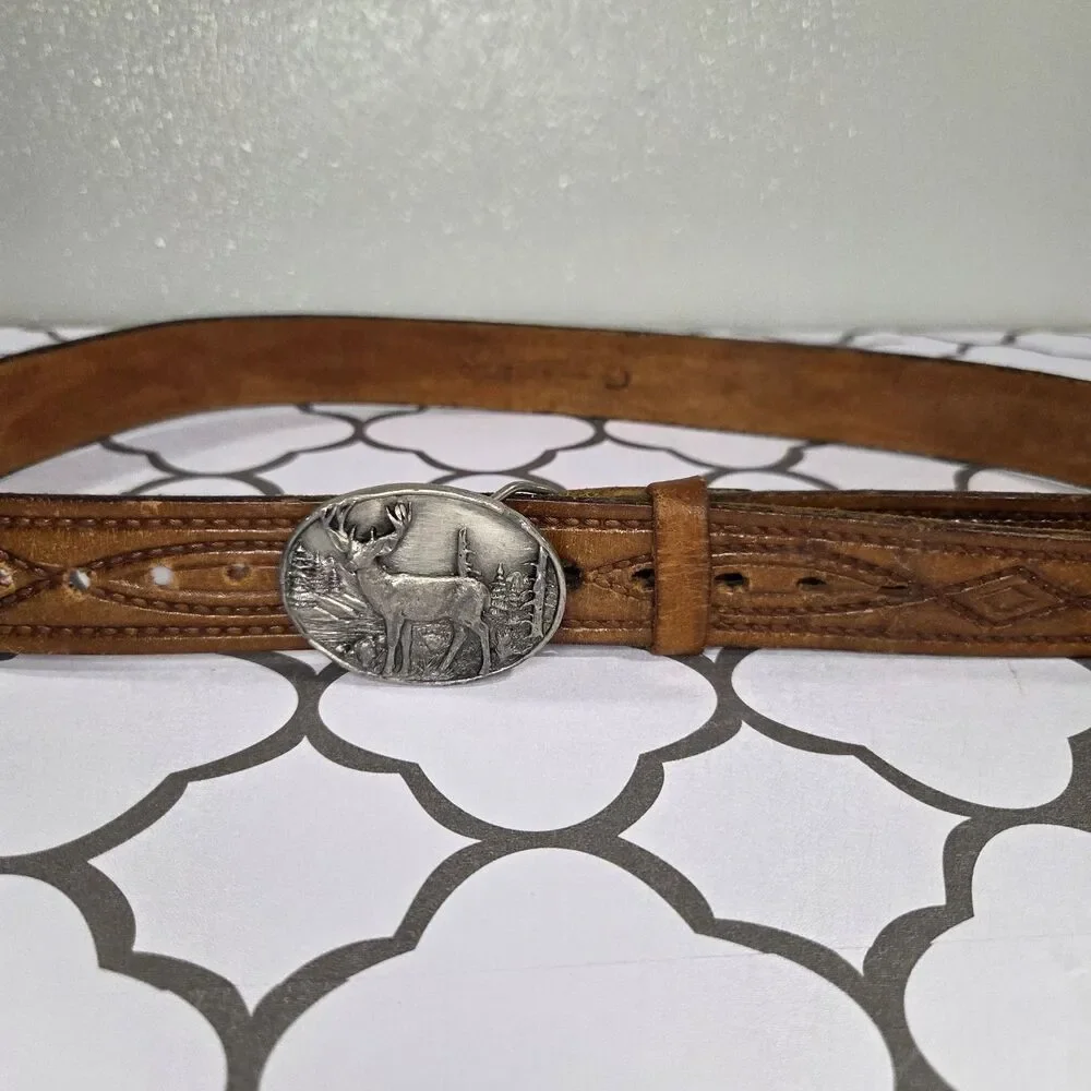 Vintage Chambers Hand-Tooled Leather Belt Western Siskiyou Deer Buckle sz 40